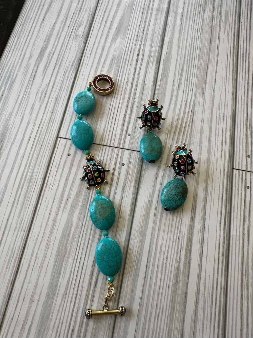 Heidi Daus Critter Couture Turquoise Beaded Beetle Bracelet and Earrings